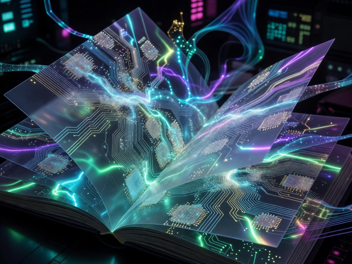 Abstract glowing pages and printed circuitry