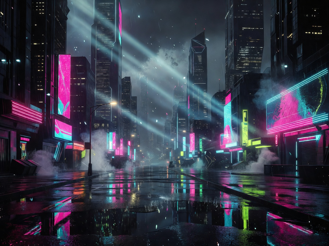 Abstract cinematic rainy neon street