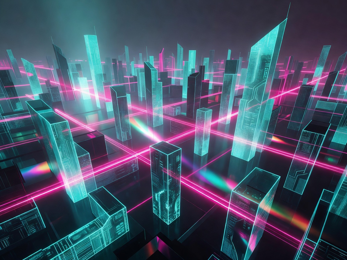 Abstract neon city grid with cyan towers and magenta light