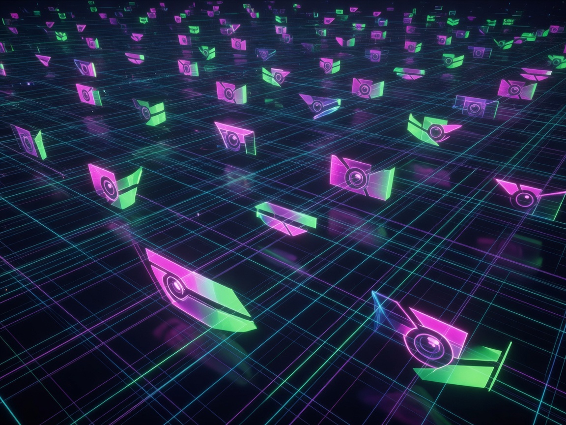Abstract surveillance grid with glowing camera shapes